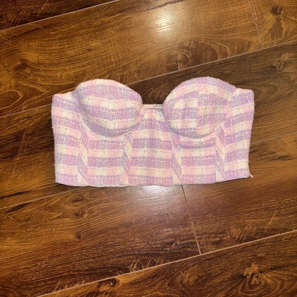 Zara Pink and White Tweed Strapless Crop Top